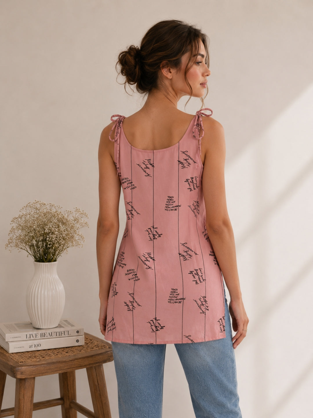 Women Typography Print Tie-Up Shoulder Sleeveless Short Kurti
