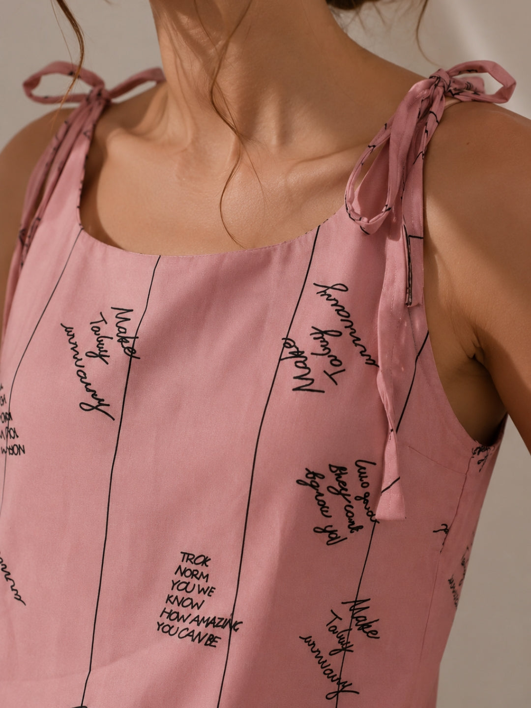 Women Typography Print Tie-Up Shoulder Sleeveless Short Kurti