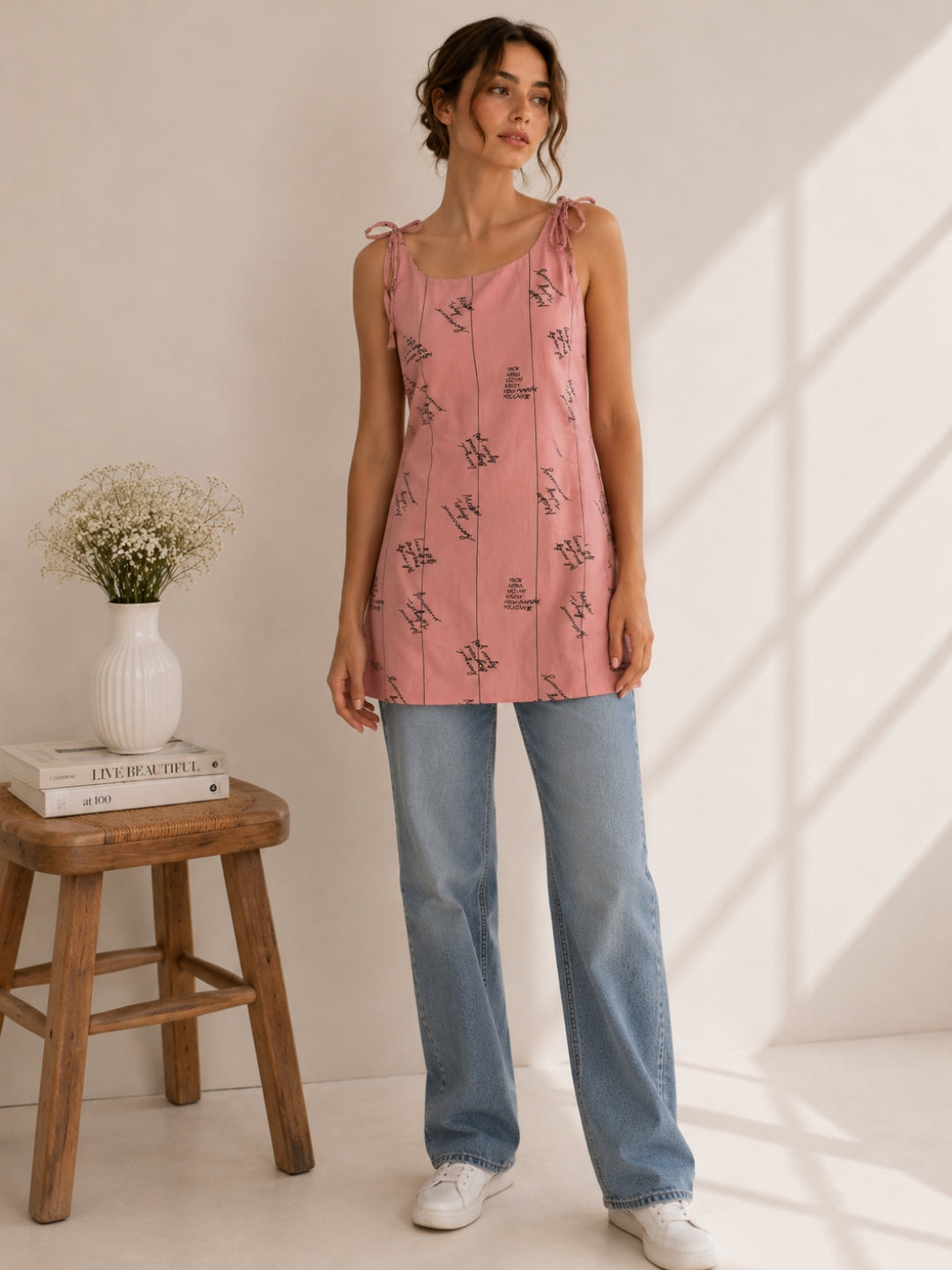 Women Typography Print Tie-Up Shoulder Sleeveless Short Kurti