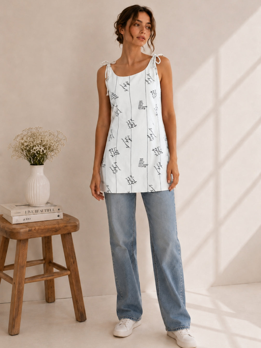 Women Typography Print Tie-Up Shoulder Sleeveless Short Kurti