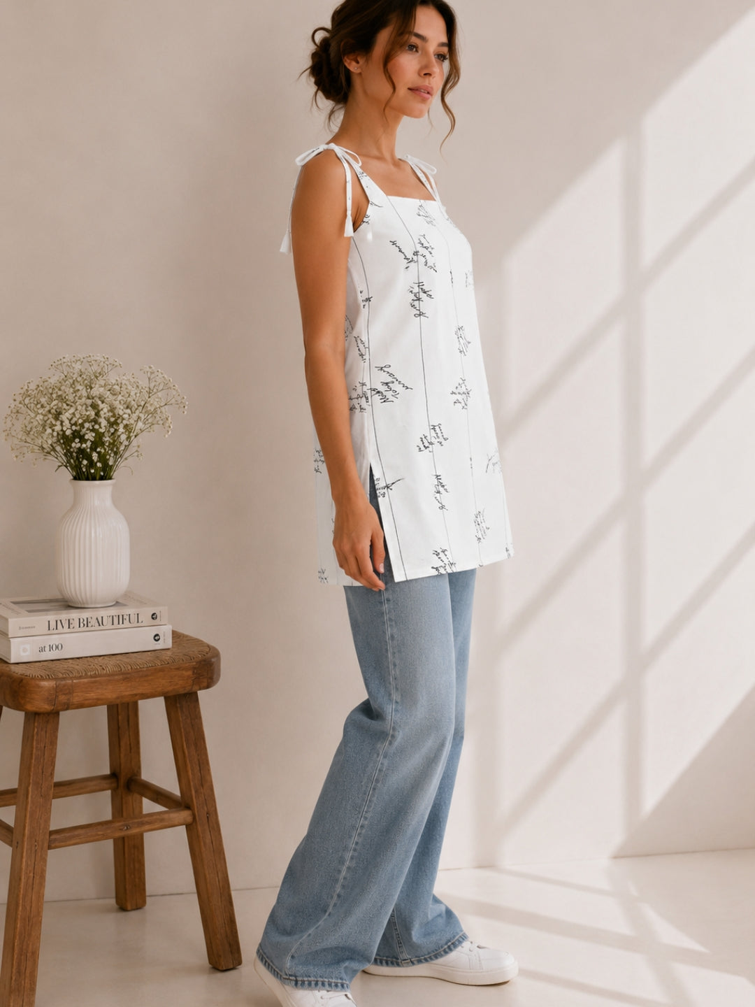 Women Typography Print Tie-Up Shoulder Sleeveless Short Kurti