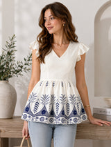 Clobug Women White & Blue Floral Border Print V-Neck Kurti