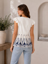 Clobug Women White & Blue Floral Border Print V-Neck Kurti