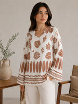 Women White Floral Printed V-Neck Relaxed Fit Kurti