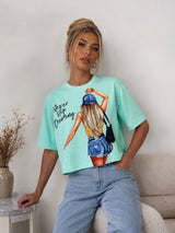 Women Printed Crop Sky Blue T-shirt