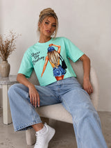 Women Printed Crop Sky Blue T-shirt