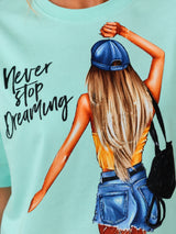 Women Printed Crop Sky Blue T-shirt