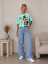 Women Printed Crop Sky Blue T-shirt