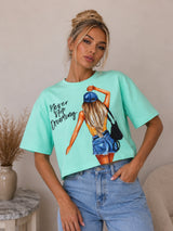 Women Printed Crop Sky Blue T-shirt