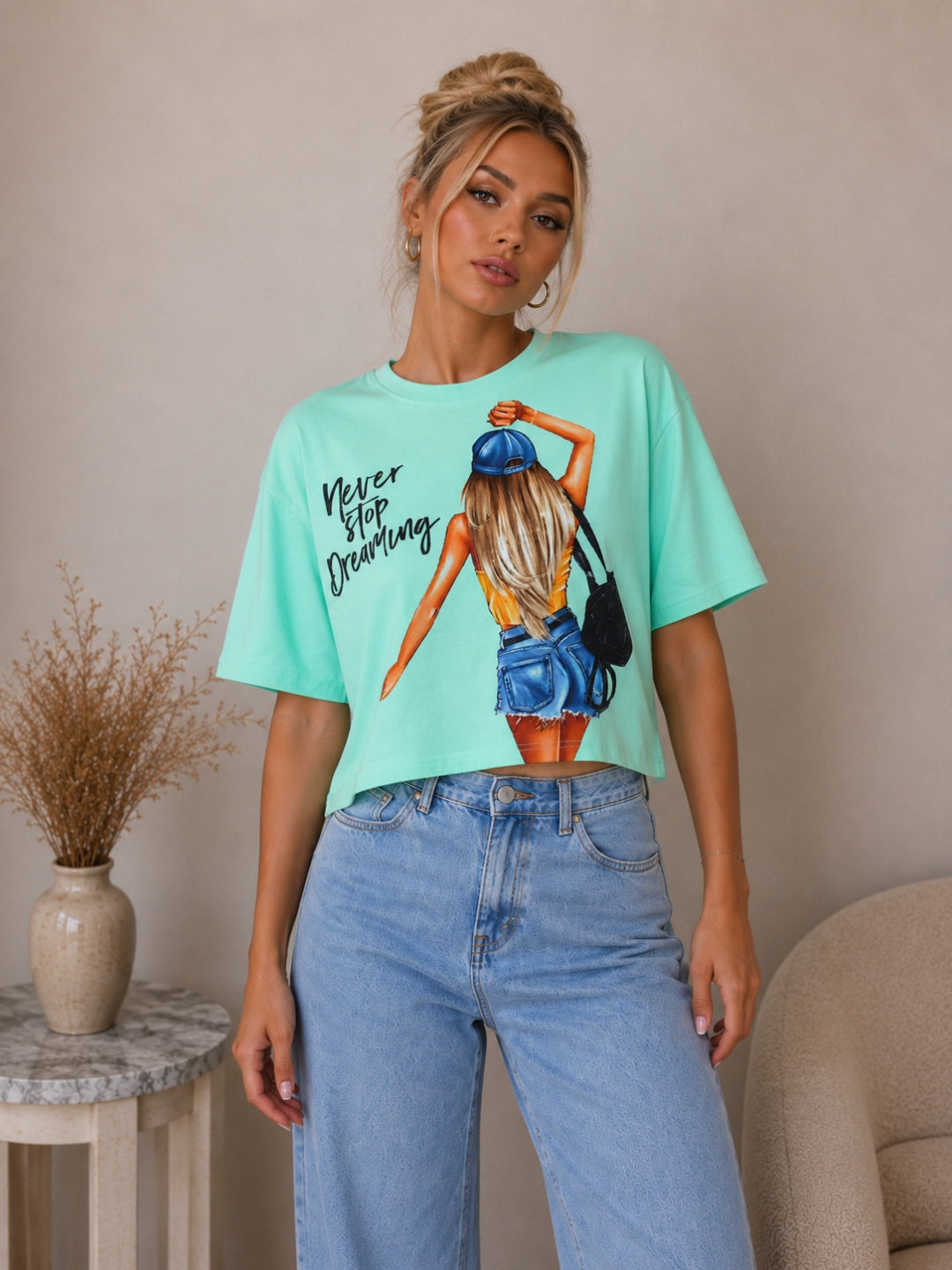 Women Printed Crop Sky Blue T-shirt