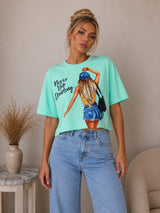 Women Printed Crop Sky Blue T-shirt