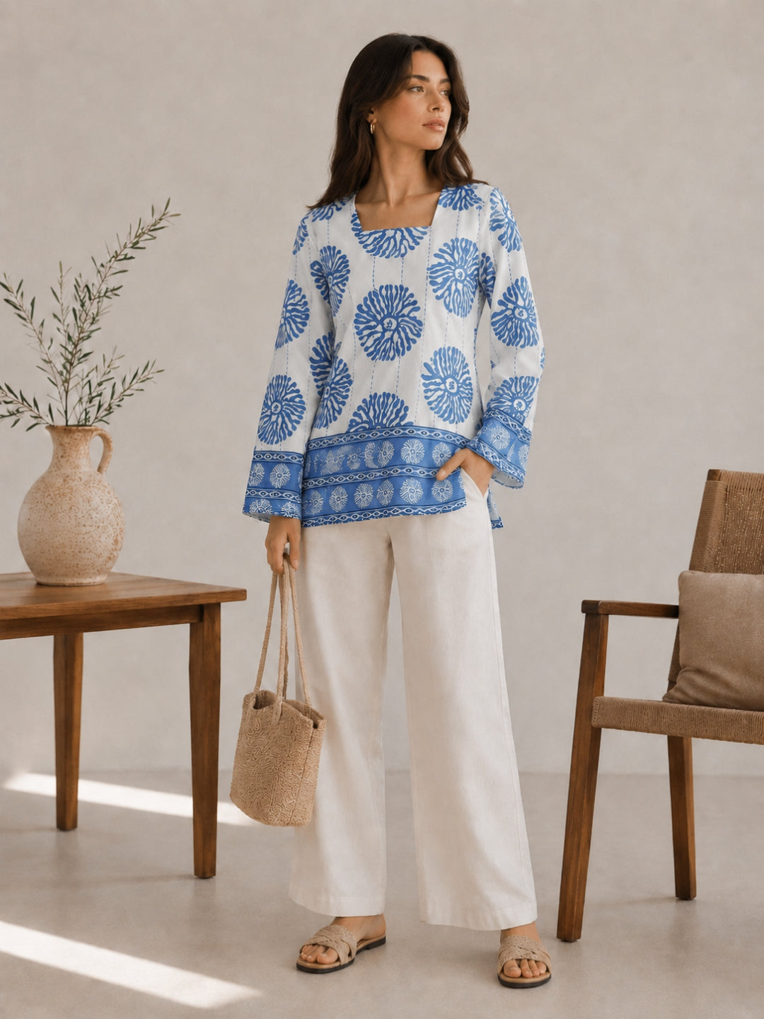 Clobug Women Floral Printed Square Neck Relaxed Fit Kurti