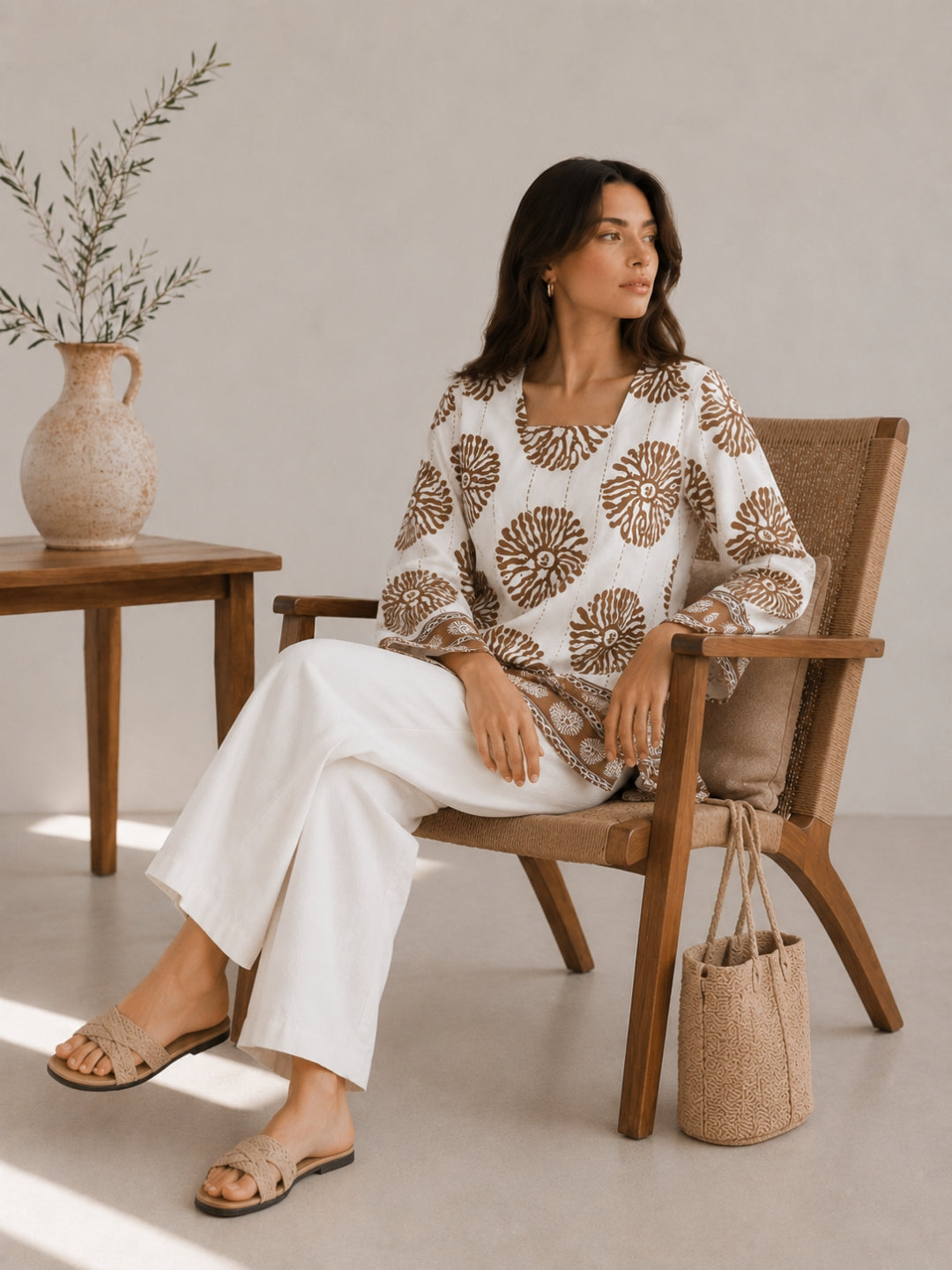 Clobug Women Floral Printed Square Neck Relaxed Fit Kurti