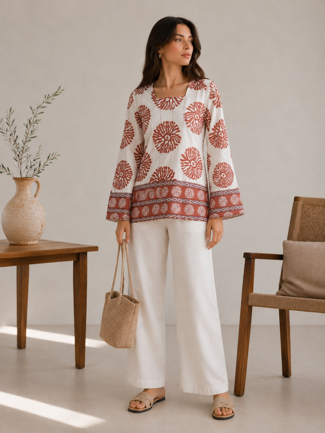 Clobug Women Floral Printed Square Neck Relaxed Fit Kurti