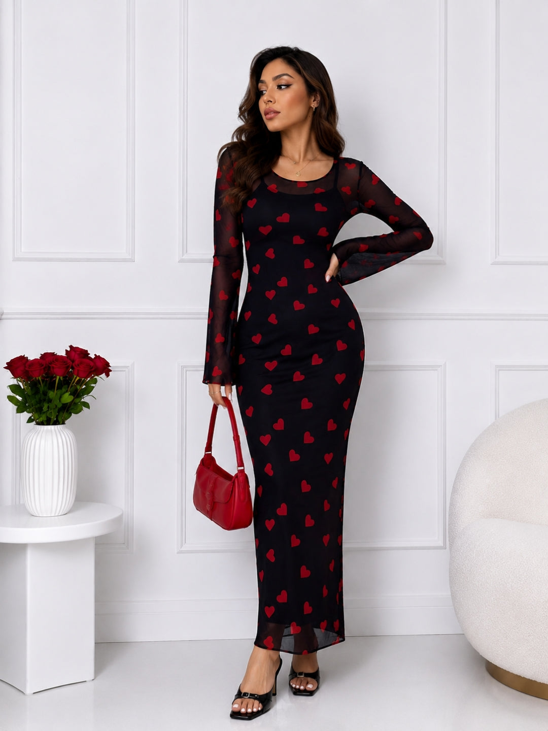 Women Black & Red Heart Print Mesh Bodycon Maxi Dress