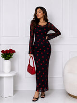 Women Black & Red Heart Print Mesh Bodycon Maxi Dress