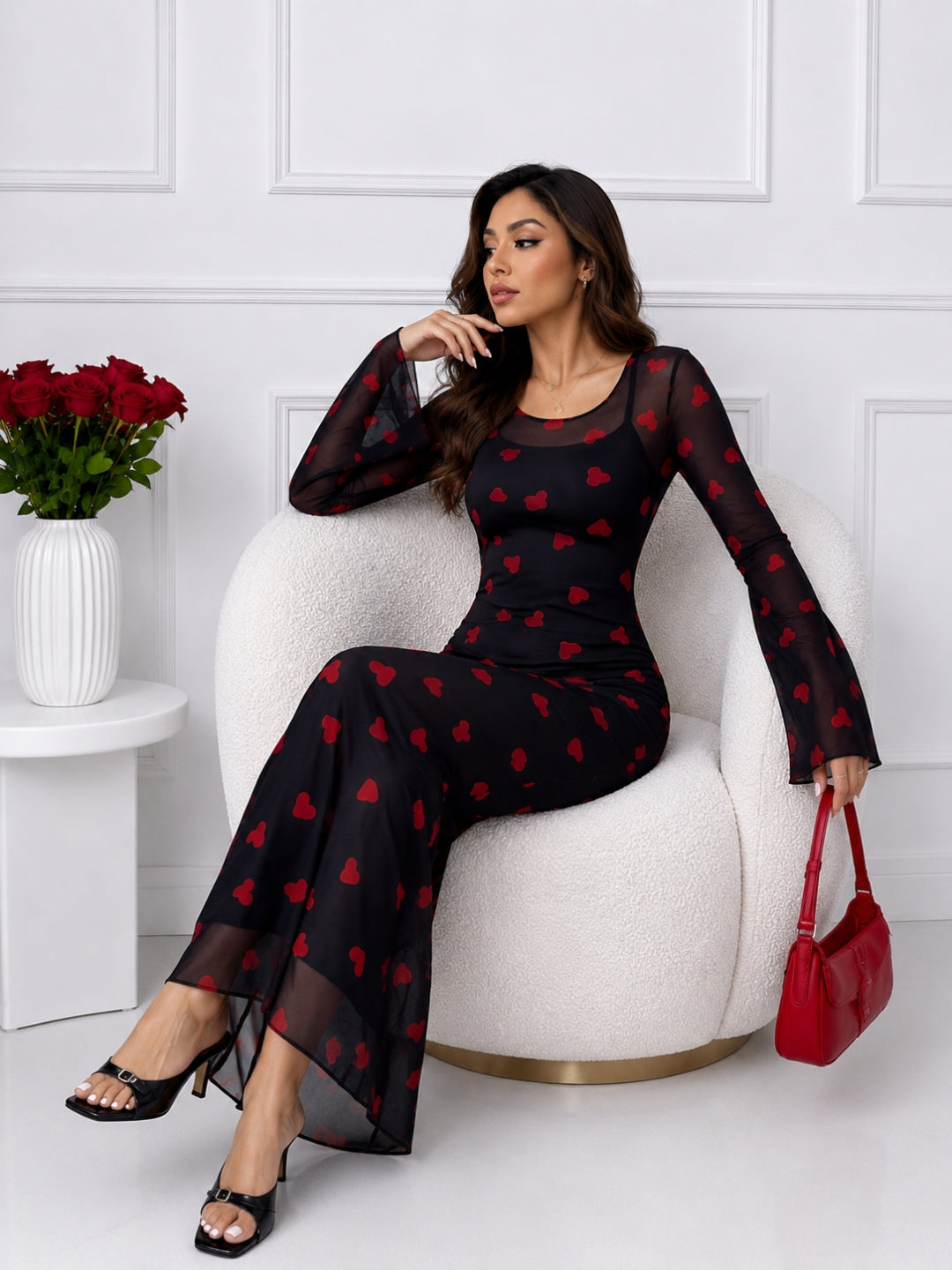 Women Black & Red Heart Print Mesh Bodycon Maxi Dress