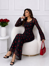 Women Black & Red Heart Print Mesh Bodycon Maxi Dress