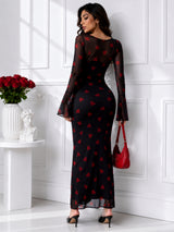Women Black & Red Heart Print Mesh Bodycon Maxi Dress