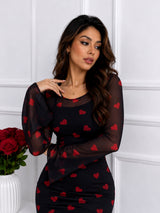 Women Black & Red Heart Print Mesh Bodycon Maxi Dress