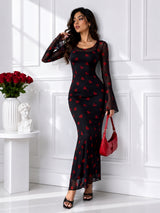 Women Black & Red Heart Print Mesh Bodycon Maxi Dress