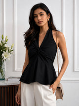 Women Fuchsia Halter Neck Twist Front Peplum Top