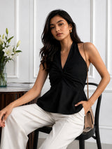 Women Fuchsia Halter Neck Twist Front Peplum Top