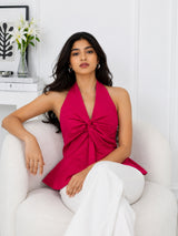 Women Fuchsia Halter Neck Twist Front Peplum Top