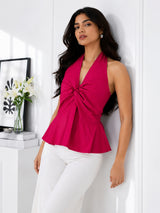 Women Fuchsia Halter Neck Twist Front Peplum Top