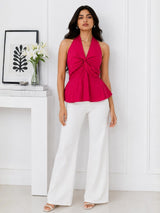 Women Fuchsia Halter Neck Twist Front Peplum Top