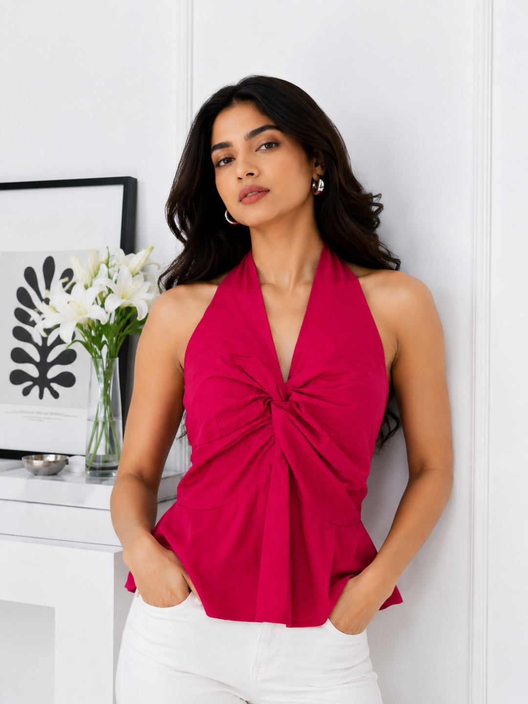 Women Fuchsia Halter Neck Twist Front Peplum Top