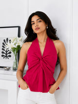 Women Fuchsia Halter Neck Twist Front Peplum Top