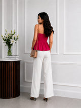 Women Fuchsia Halter Neck Twist Front Peplum Top