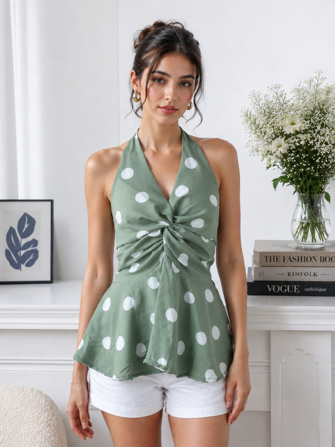 Women Green Polka Dot Halter Neck Twist Front Peplum Top