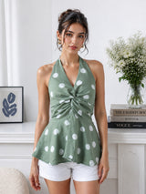Women Green Polka Dot Halter Neck Twist Front Peplum Top