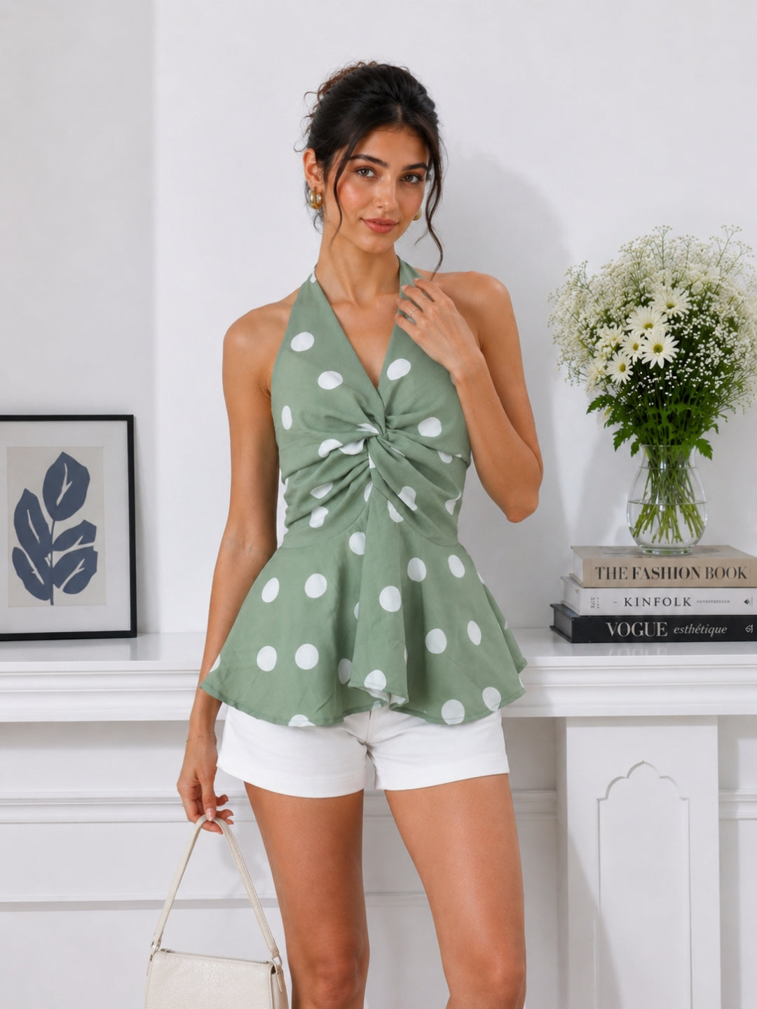 Women Green Polka Dot Halter Neck Twist Front Peplum Top