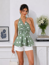 Women Green Polka Dot Halter Neck Twist Front Peplum Top