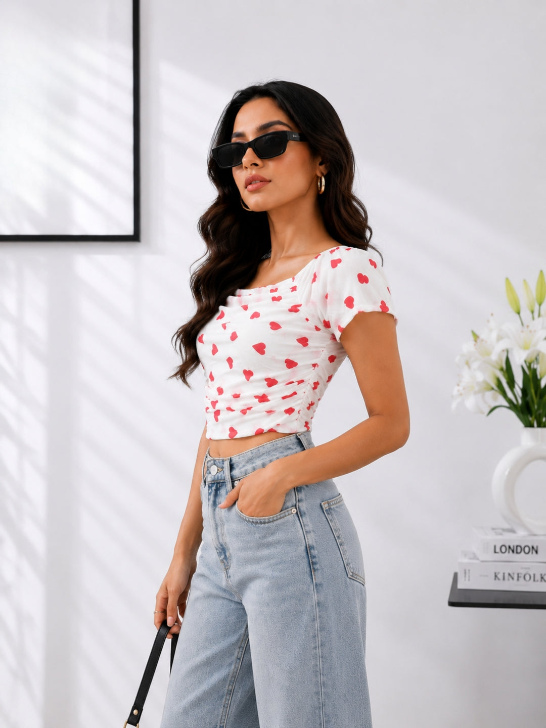 Women Heart Print Crop Top