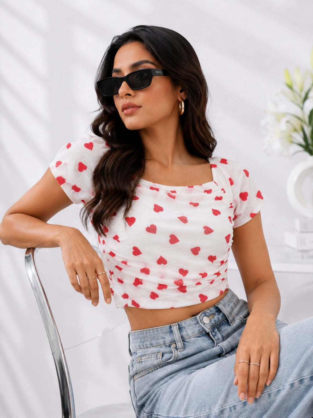 Women Heart Print Crop Top