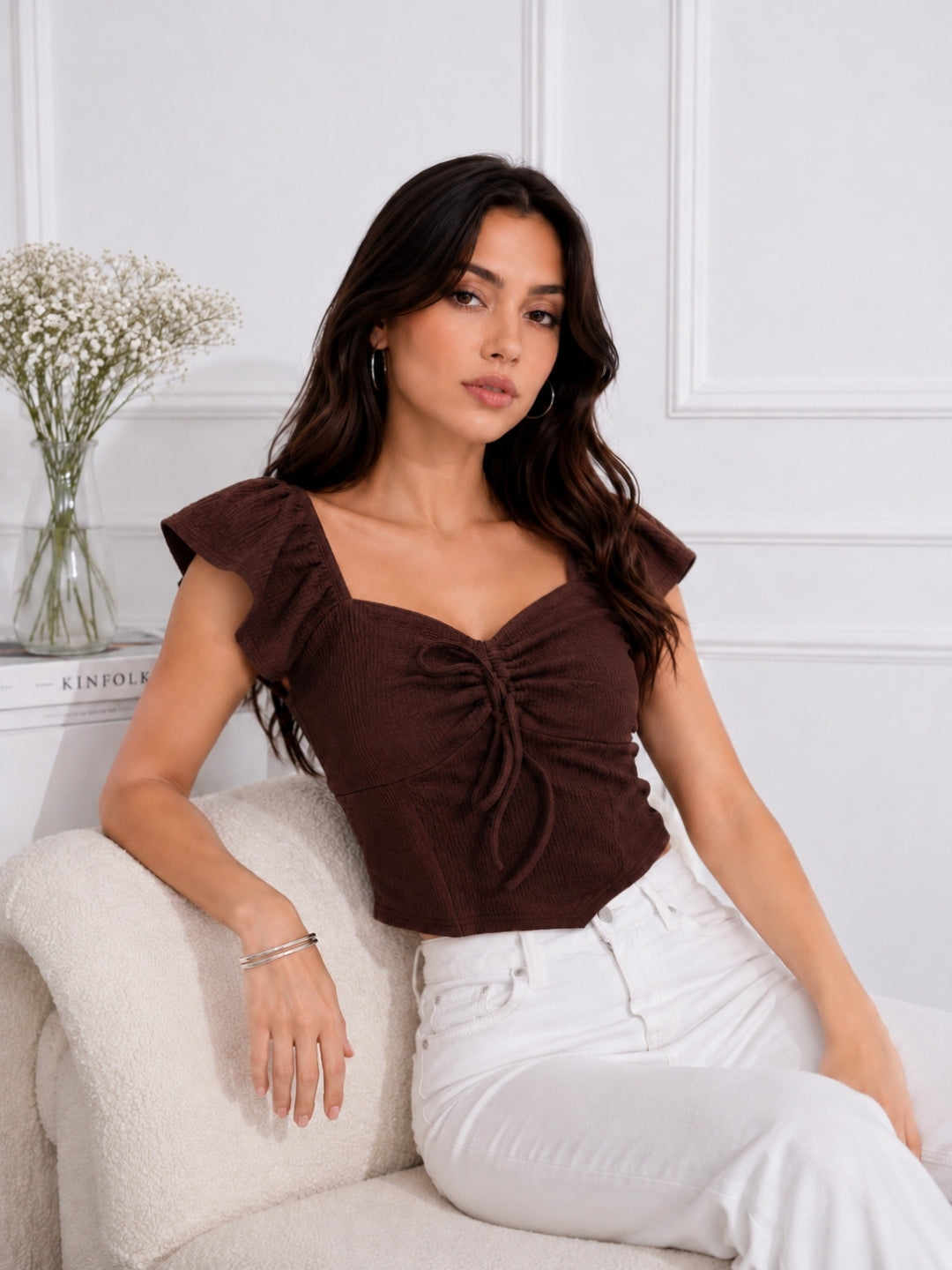 Women's Brown Sweetheart Neck Crop Top