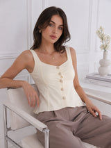 Women's Cream Button-Front Sleeveless Peplum Top