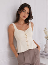 Women's Cream Button-Front Sleeveless Peplum Top