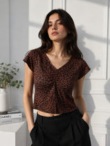 Women's Brown Leopard Print Ruched V-Neck Crop Top