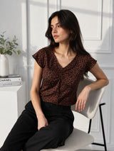 Women's Brown Leopard Print Ruched V-Neck Crop Top