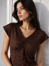 Women's Brown Leopard Print Ruched V-Neck Crop Top