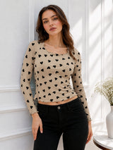 Women Heart Print Round Neck Top