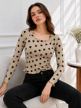 Women Heart Print Round Neck Top