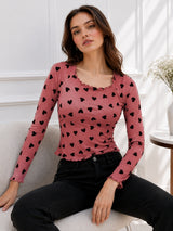 Women Heart Print Round Neck Top