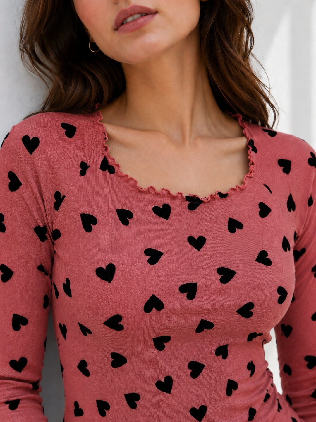 Women Heart Print Round Neck Top