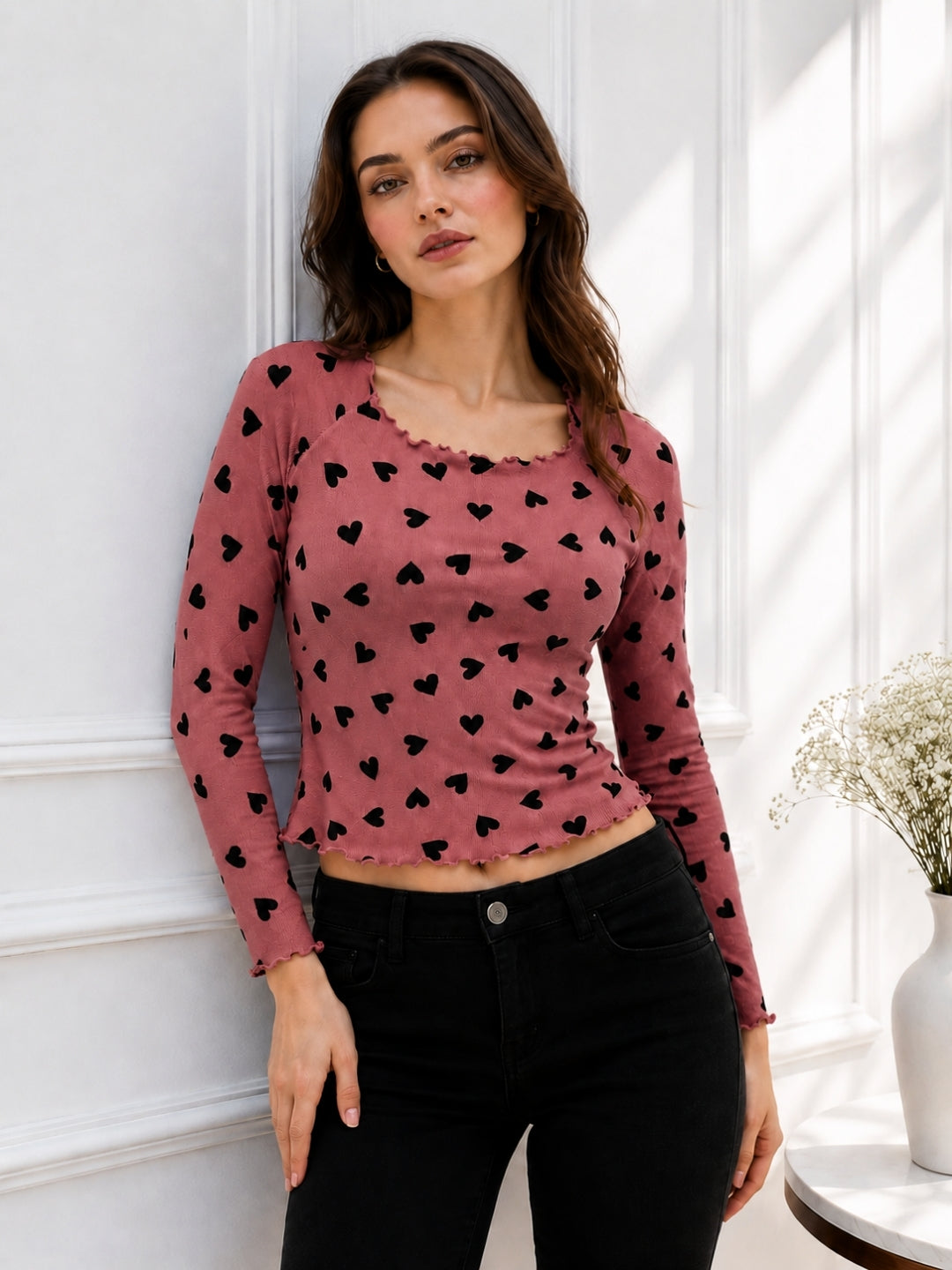 Women Heart Print Round Neck Top